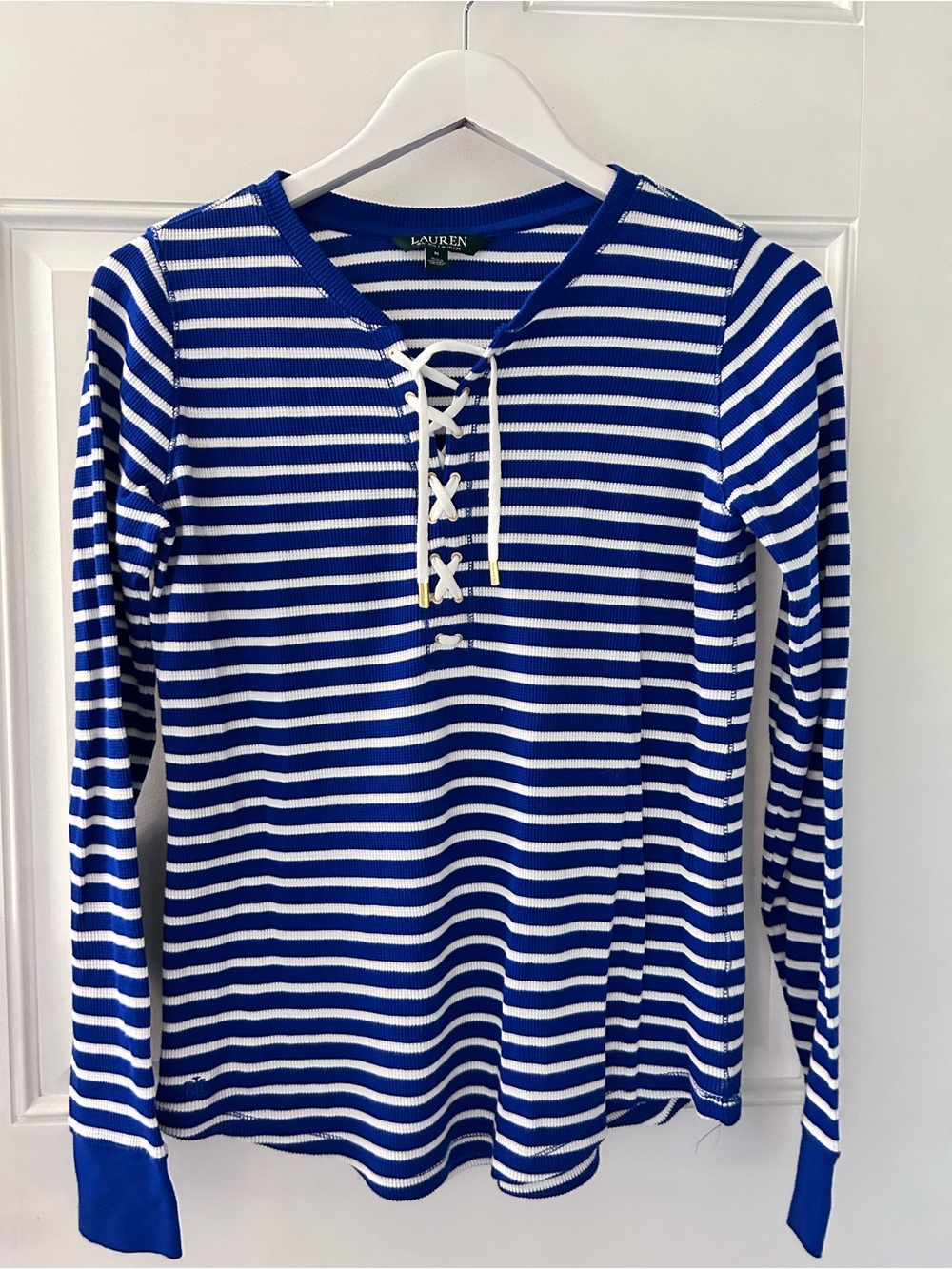 Ralph Lauren Blue & White Striped Lace-Up Long Sleeve Top